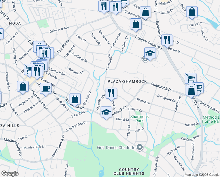 map of restaurants, bars, coffee shops, grocery stores, and more near 3320 Eastwood Drive in Charlotte