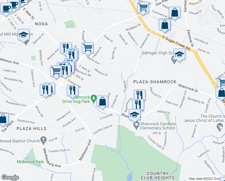 map of restaurants, bars, coffee shops, grocery stores, and more near in Charlotte