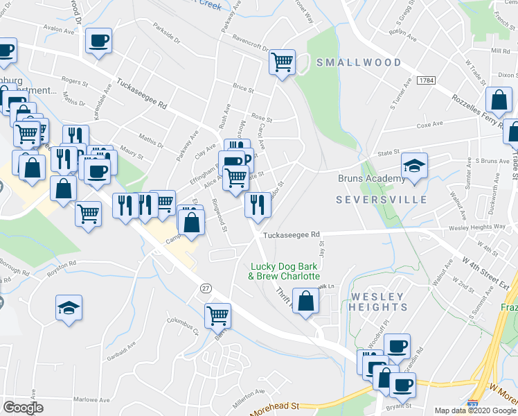 map of restaurants, bars, coffee shops, grocery stores, and more near in Charlotte