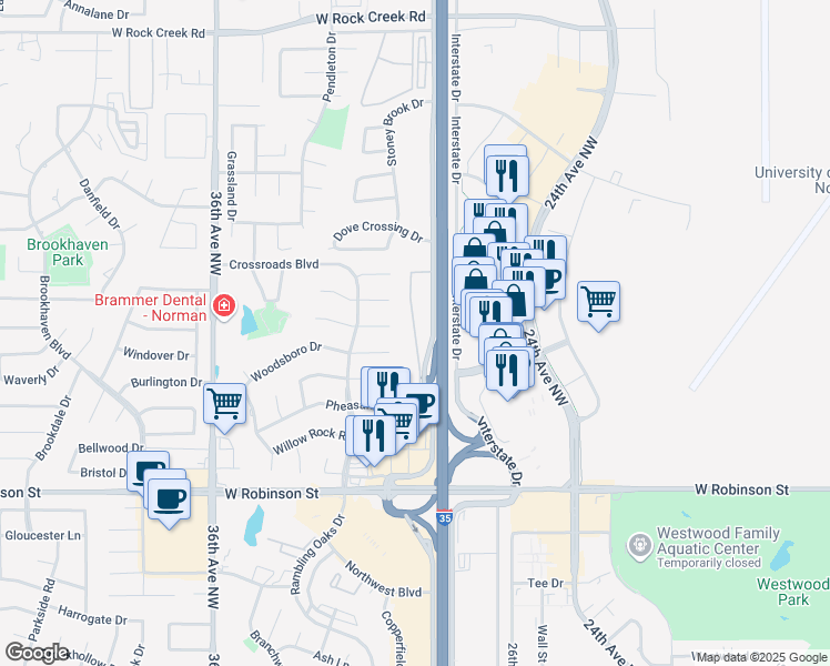 map of restaurants, bars, coffee shops, grocery stores, and more near 3103 Cove Hollow Court in Norman