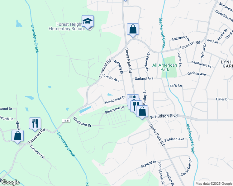 map of restaurants, bars, coffee shops, grocery stores, and more near 2625 Birchwood Drive in Gastonia