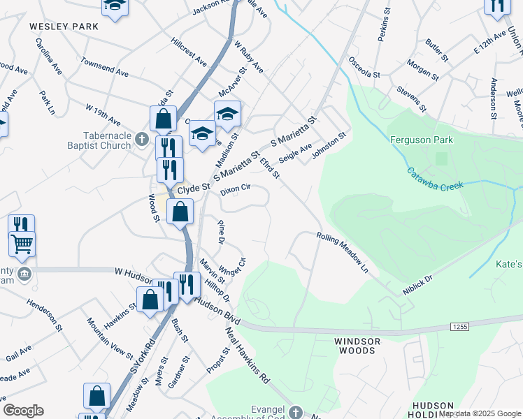 map of restaurants, bars, coffee shops, grocery stores, and more near 209 Dixon Circle in Gastonia