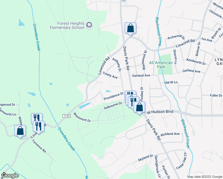 map of restaurants, bars, coffee shops, grocery stores, and more near 2625 Birchwood Drive in Gastonia