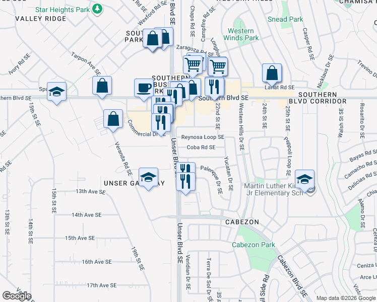 map of restaurants, bars, coffee shops, grocery stores, and more near 2040 Coba Road Southeast in Rio Rancho