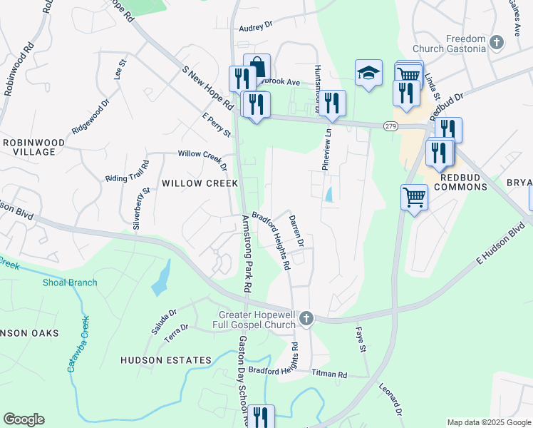 map of restaurants, bars, coffee shops, grocery stores, and more near 2103 2nd Street in Gastonia