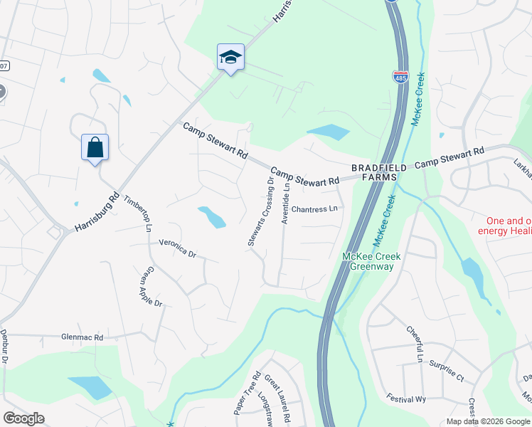 map of restaurants, bars, coffee shops, grocery stores, and more near Stewarts Crossing Drive in Charlotte