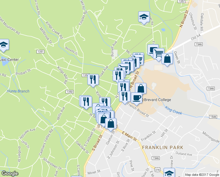 map of restaurants, bars, coffee shops, grocery stores, and more near 29 Salem Street in Brevard