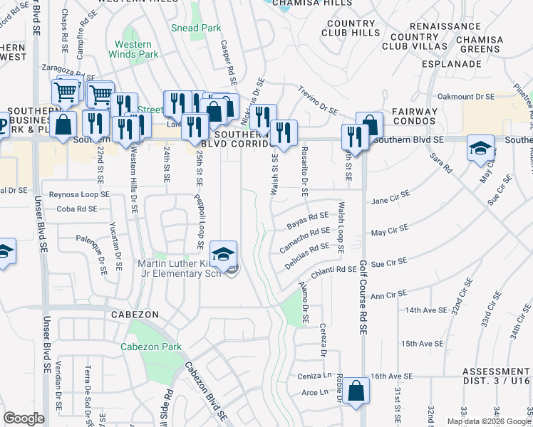 map of restaurants, bars, coffee shops, grocery stores, and more near 1213 Walsh Street Southeast in Rio Rancho