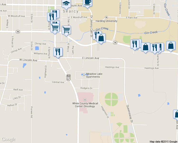 map of restaurants, bars, coffee shops, grocery stores, and more near 413 Meadow Lake Circle in Searcy