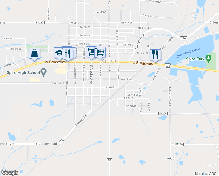 map of restaurants, bars, coffee shops, grocery stores, and more near 401 South Ash Avenue in Spiro