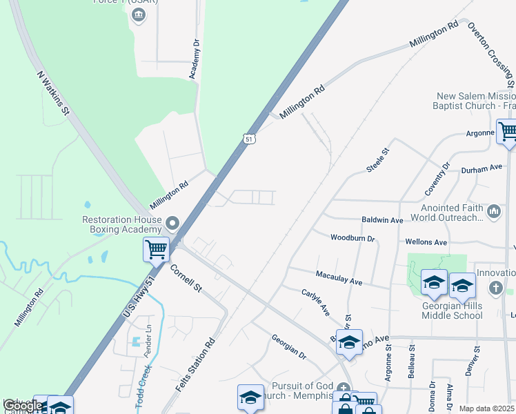 map of restaurants, bars, coffee shops, grocery stores, and more near 1645 Via Roma Drive in Memphis