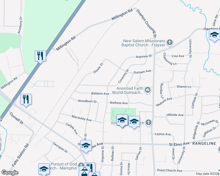 map of restaurants, bars, coffee shops, grocery stores, and more near 1911 Coventry Drive in Memphis