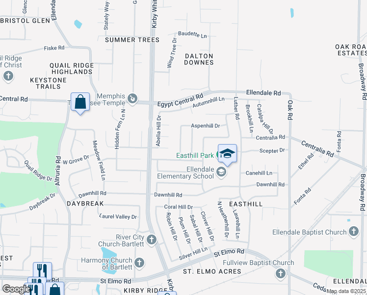 map of restaurants, bars, coffee shops, grocery stores, and more near 4108 Elm Hill Drive in Memphis