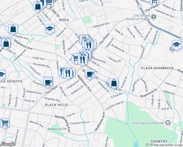 map of restaurants, bars, coffee shops, grocery stores, and more near 1409 Shamrock Drive in Charlotte
