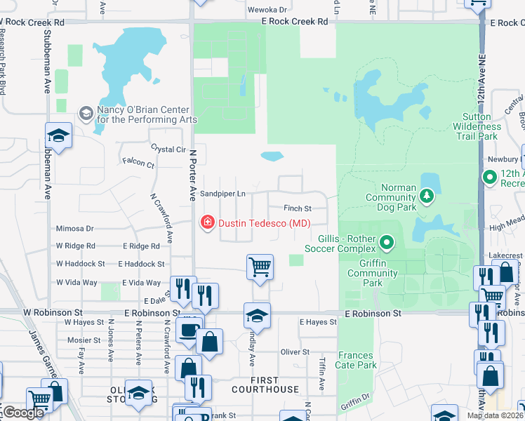 map of restaurants, bars, coffee shops, grocery stores, and more near 1612 Heron Dr in Norman