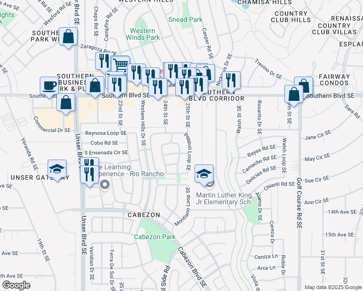 map of restaurants, bars, coffee shops, grocery stores, and more near 1309 Danzante Drive Southeast in Rio Rancho