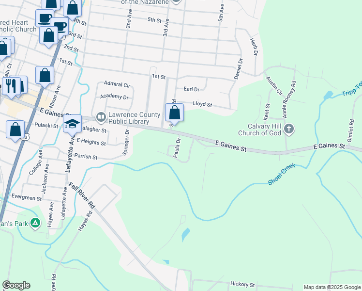map of restaurants, bars, coffee shops, grocery stores, and more near 106 Paula Drive in Lawrenceburg