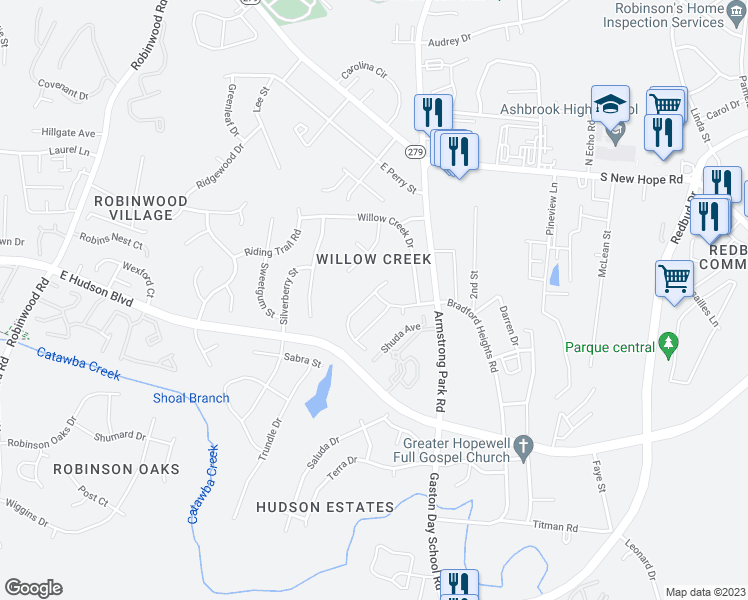 map of restaurants, bars, coffee shops, grocery stores, and more near 1705 Hollybrook Avenue in Gastonia