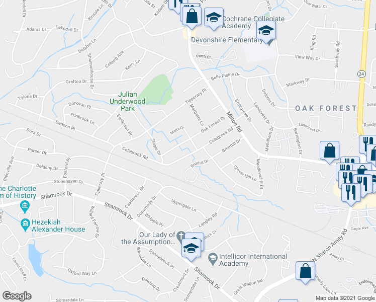 map of restaurants, bars, coffee shops, grocery stores, and more near 4117 Colebrook Road in Charlotte