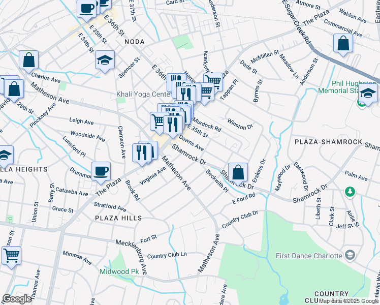 map of restaurants, bars, coffee shops, grocery stores, and more near 1335 Shamrock Drive in Charlotte