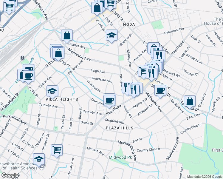 map of restaurants, bars, coffee shops, grocery stores, and more near in Charlotte