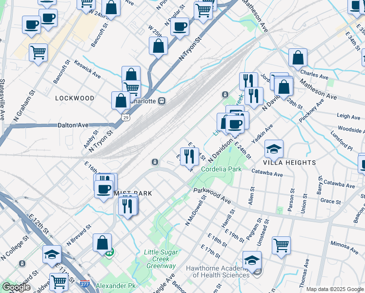 map of restaurants, bars, coffee shops, grocery stores, and more near 1835 North Brevard Street in Charlotte