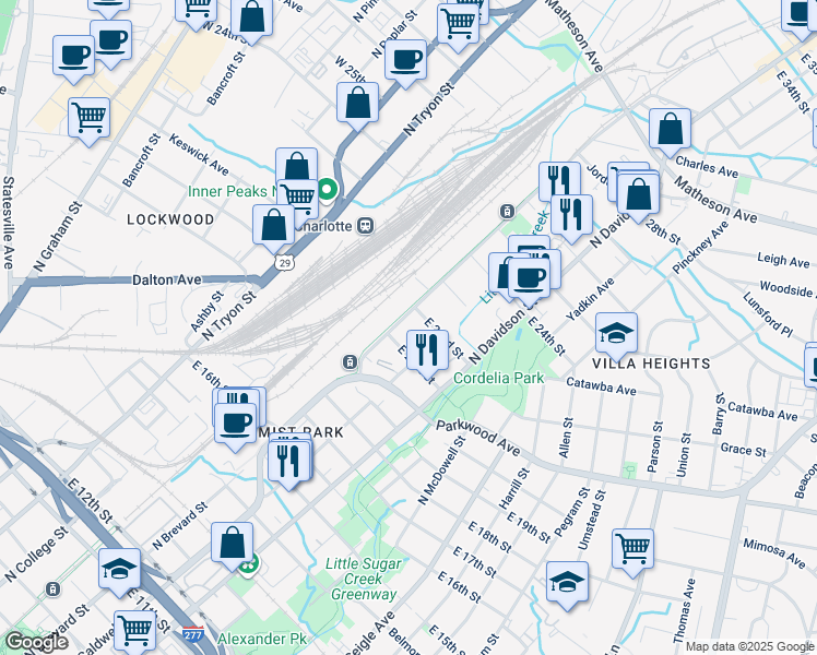 map of restaurants, bars, coffee shops, grocery stores, and more near 1835 North Brevard Street in Charlotte