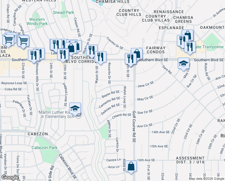 map of restaurants, bars, coffee shops, grocery stores, and more near 2805 Bayas Road Southeast in Rio Rancho
