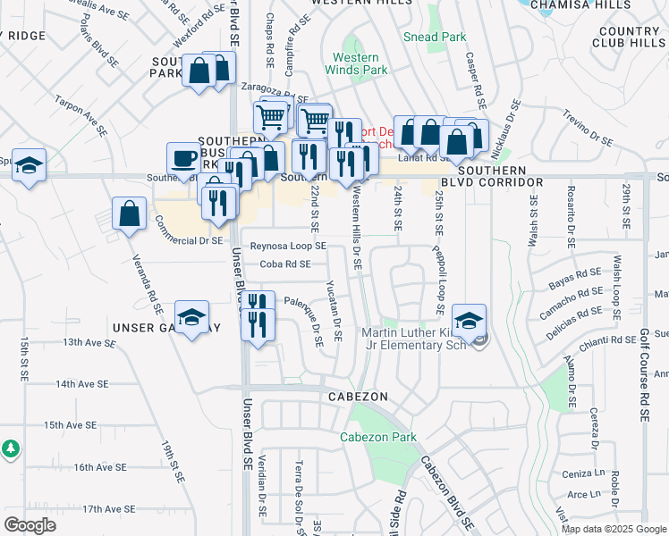 map of restaurants, bars, coffee shops, grocery stores, and more near 1324 Yucatan Drive Southeast in Rio Rancho