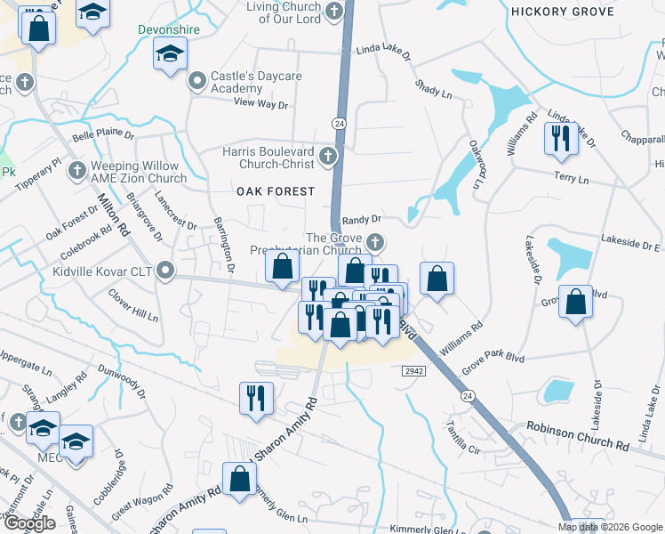 map of restaurants, bars, coffee shops, grocery stores, and more near 4005 Sunridge Lane in Charlotte