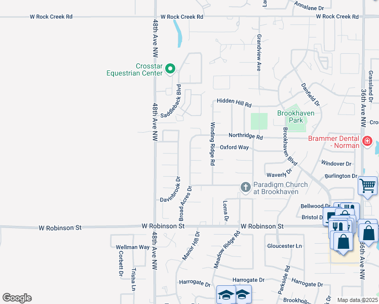 map of restaurants, bars, coffee shops, grocery stores, and more near 1602a Broad Acres Drive in Norman