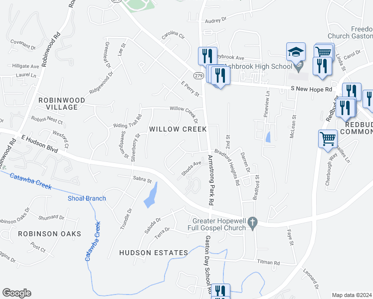 map of restaurants, bars, coffee shops, grocery stores, and more near 1720 Hollybrook Avenue in Gastonia