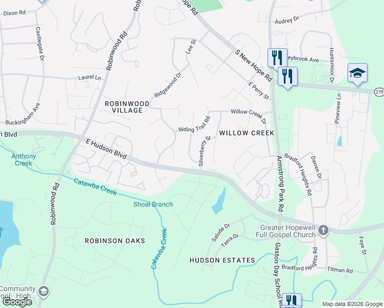 map of restaurants, bars, coffee shops, grocery stores, and more near 1111 Sweetgum Street in Gastonia