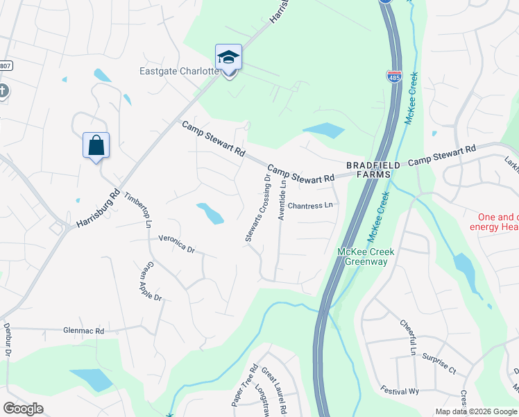 map of restaurants, bars, coffee shops, grocery stores, and more near 12125 Stewarts Crossing Drive in Charlotte