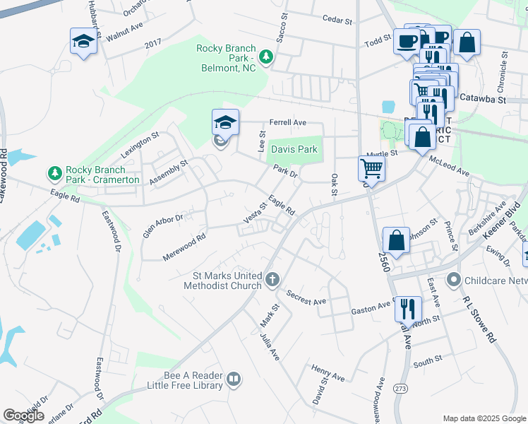 map of restaurants, bars, coffee shops, grocery stores, and more near 109 Vesta Street in Belmont