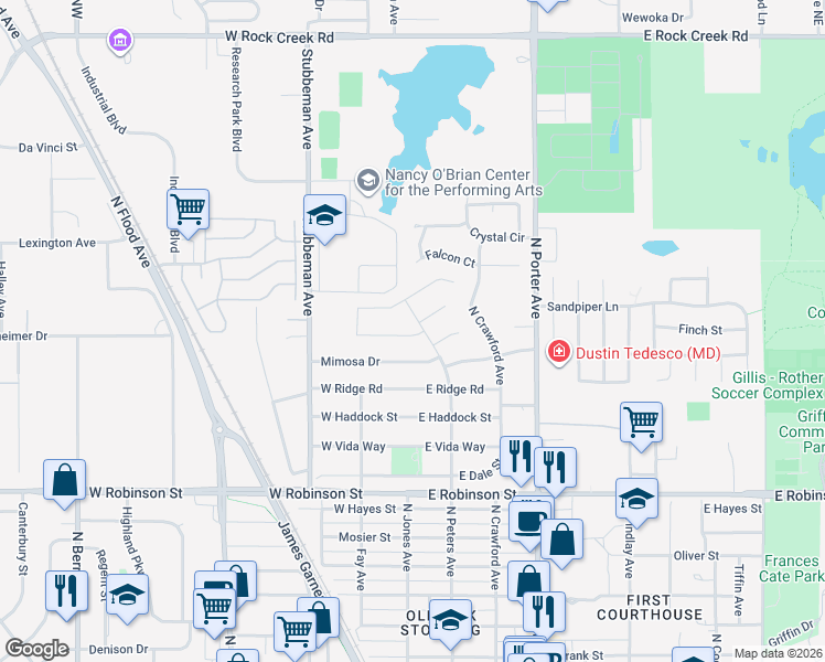 map of restaurants, bars, coffee shops, grocery stores, and more near 1702 North Peters Avenue in Norman