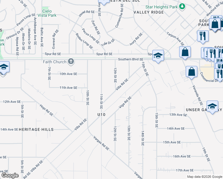map of restaurants, bars, coffee shops, grocery stores, and more near 1205 12th Street Southeast in Rio Rancho