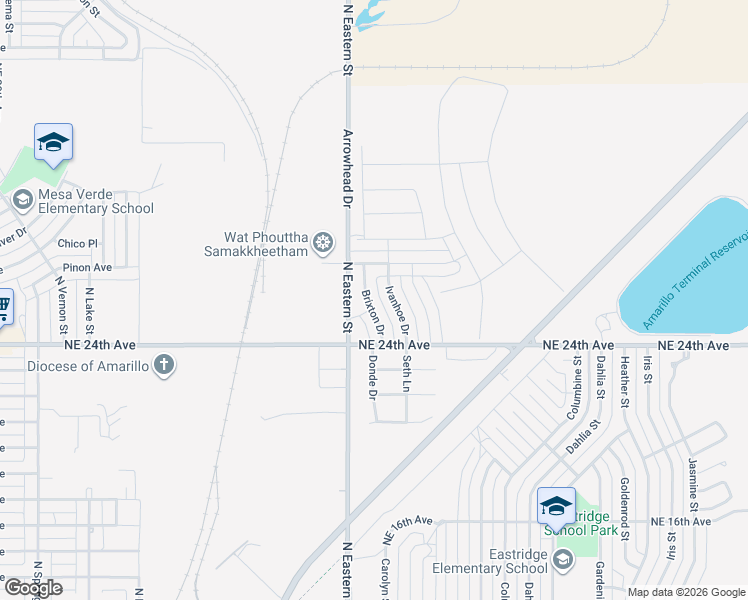 map of restaurants, bars, coffee shops, grocery stores, and more near 2418 Brixton Drive in Amarillo