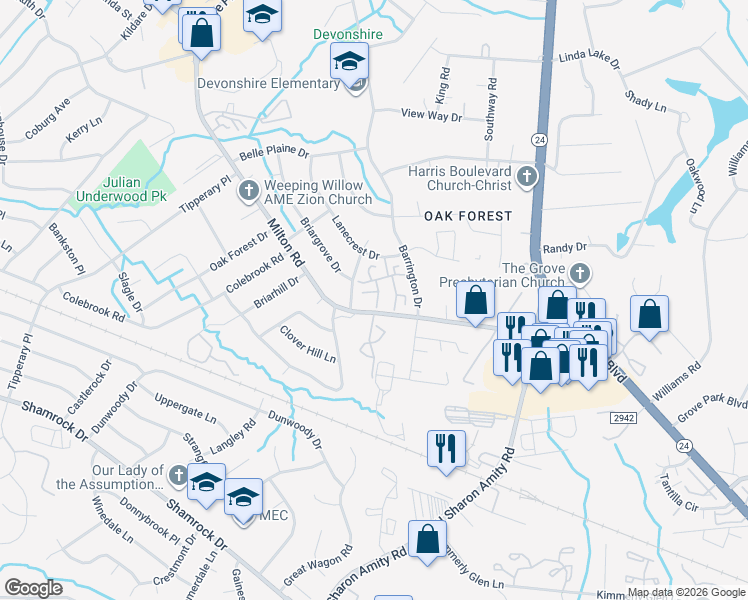 map of restaurants, bars, coffee shops, grocery stores, and more near 2609 Milton Road in Charlotte