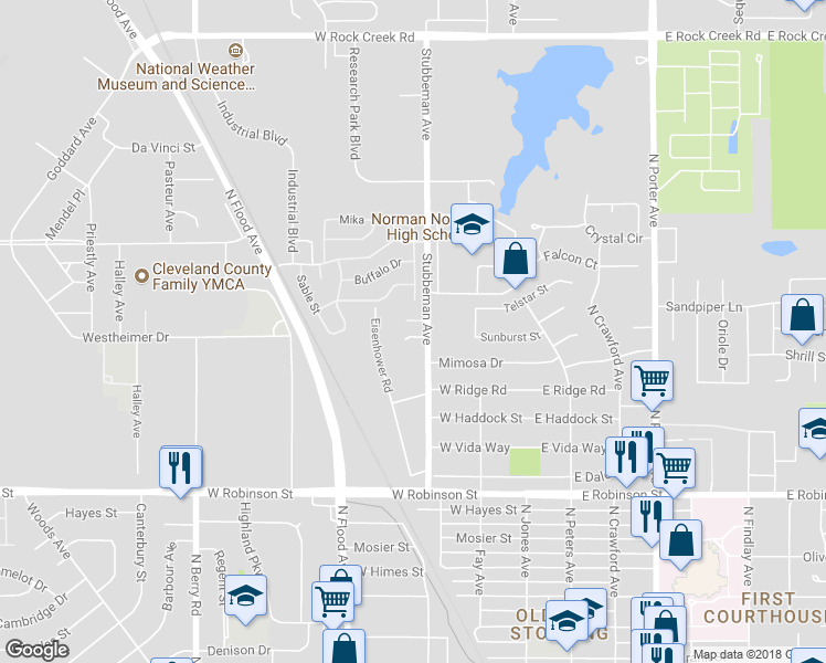 map of restaurants, bars, coffee shops, grocery stores, and more near 703 Terry Drive in Norman