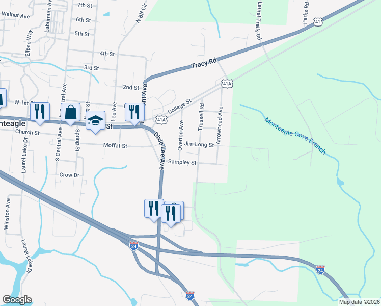 map of restaurants, bars, coffee shops, grocery stores, and more near 516 Lautzenheiser Place in Monteagle