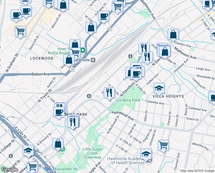 map of restaurants, bars, coffee shops, grocery stores, and more near 1824 North Brevard Street in Charlotte