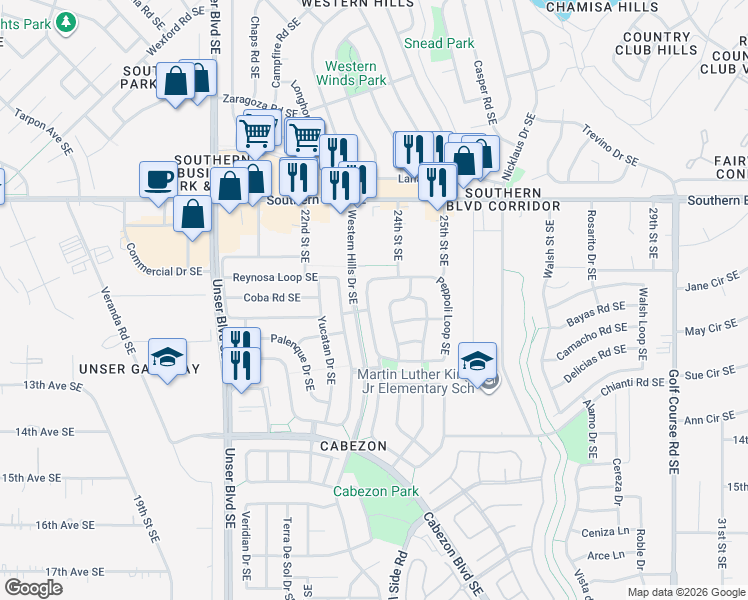 map of restaurants, bars, coffee shops, grocery stores, and more near 1471 Peppoli Loop Southeast in Rio Rancho