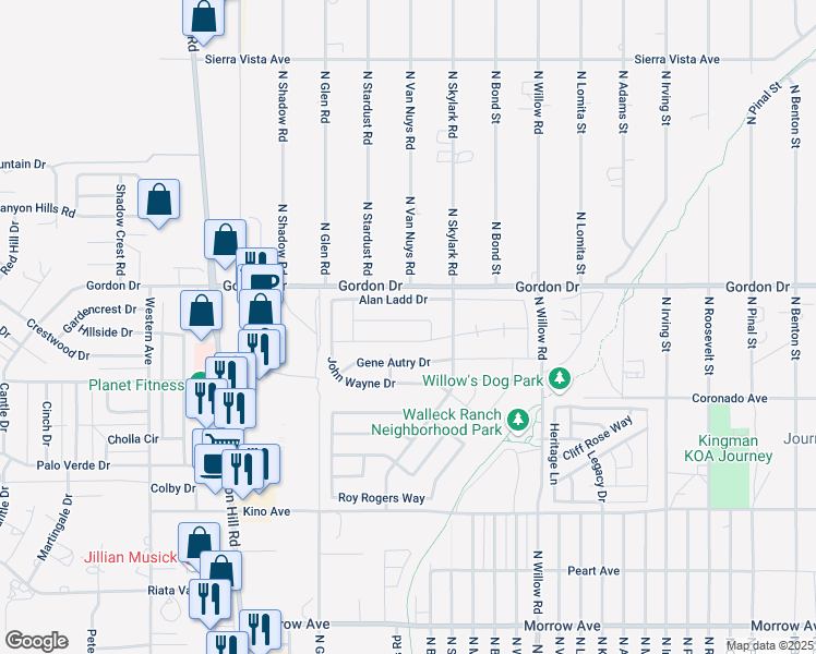 map of restaurants, bars, coffee shops, grocery stores, and more near 2048 Robert Mitchum Drive in Kingman