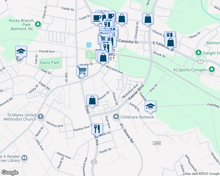 map of restaurants, bars, coffee shops, grocery stores, and more near 119 Prince Street in Belmont