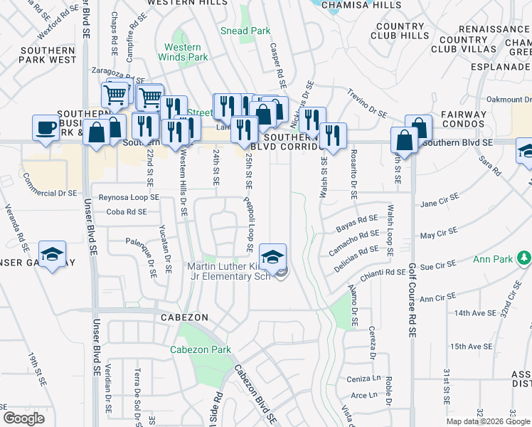 map of restaurants, bars, coffee shops, grocery stores, and more near 1029 26th Street Southeast in Rio Rancho