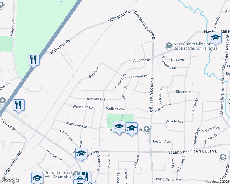 map of restaurants, bars, coffee shops, grocery stores, and more near 4126 Coventry Drive in Memphis