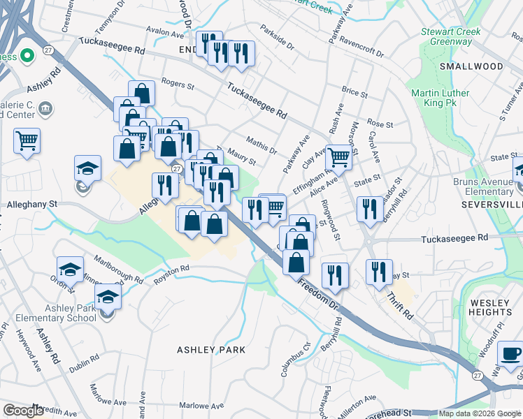 map of restaurants, bars, coffee shops, grocery stores, and more near 1522 Effingham Road in Charlotte