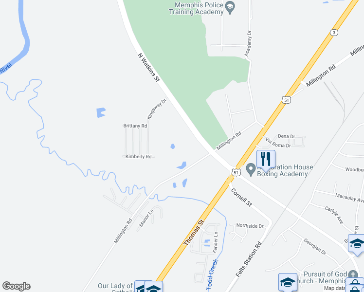 map of restaurants, bars, coffee shops, grocery stores, and more near 4153 North Watkins Street in Memphis