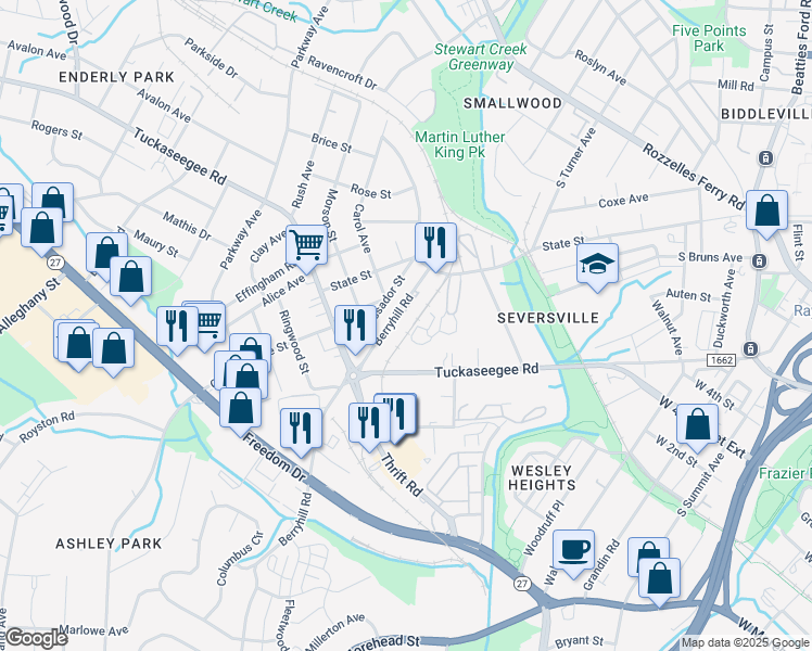 map of restaurants, bars, coffee shops, grocery stores, and more near 1041 Berryhill Road in Charlotte